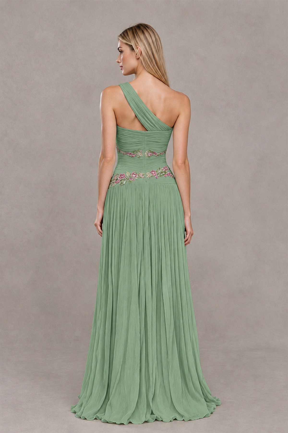 BOLODOO Sage Green One-Shoulder Floral Applique A-Line Evening Dress - Sage Green - Sage Green_2