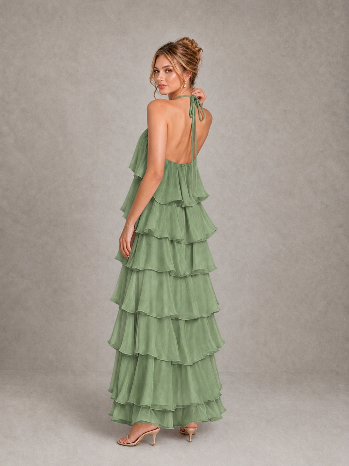 BOLODOO Sage Green Halter Tiered Ruffle Maxi Bridesmaid Dress - Sage Green - Sage Green_2