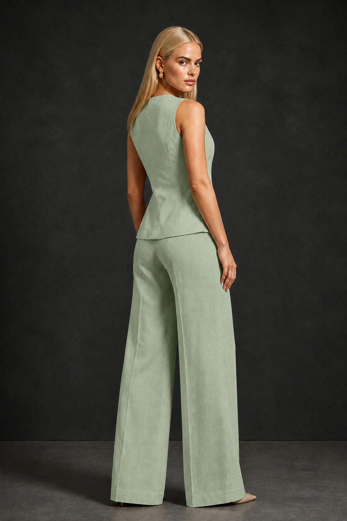 BOLODOO Sage Green Sleeveless Vest Top & Wide-Leg Trousers Two-Piece Suit Set – Sage Green Button Asymmetric Formal Set - Sage Green