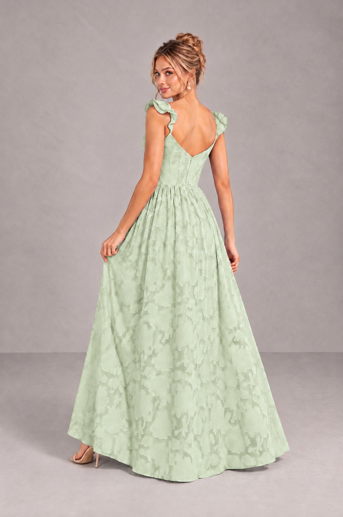 BOLODOO Sage Green Floral A-Line Bridesmaid Dress with Slit Ruffle Straps Maxi Gown - Sage Green - Sage Green_2
