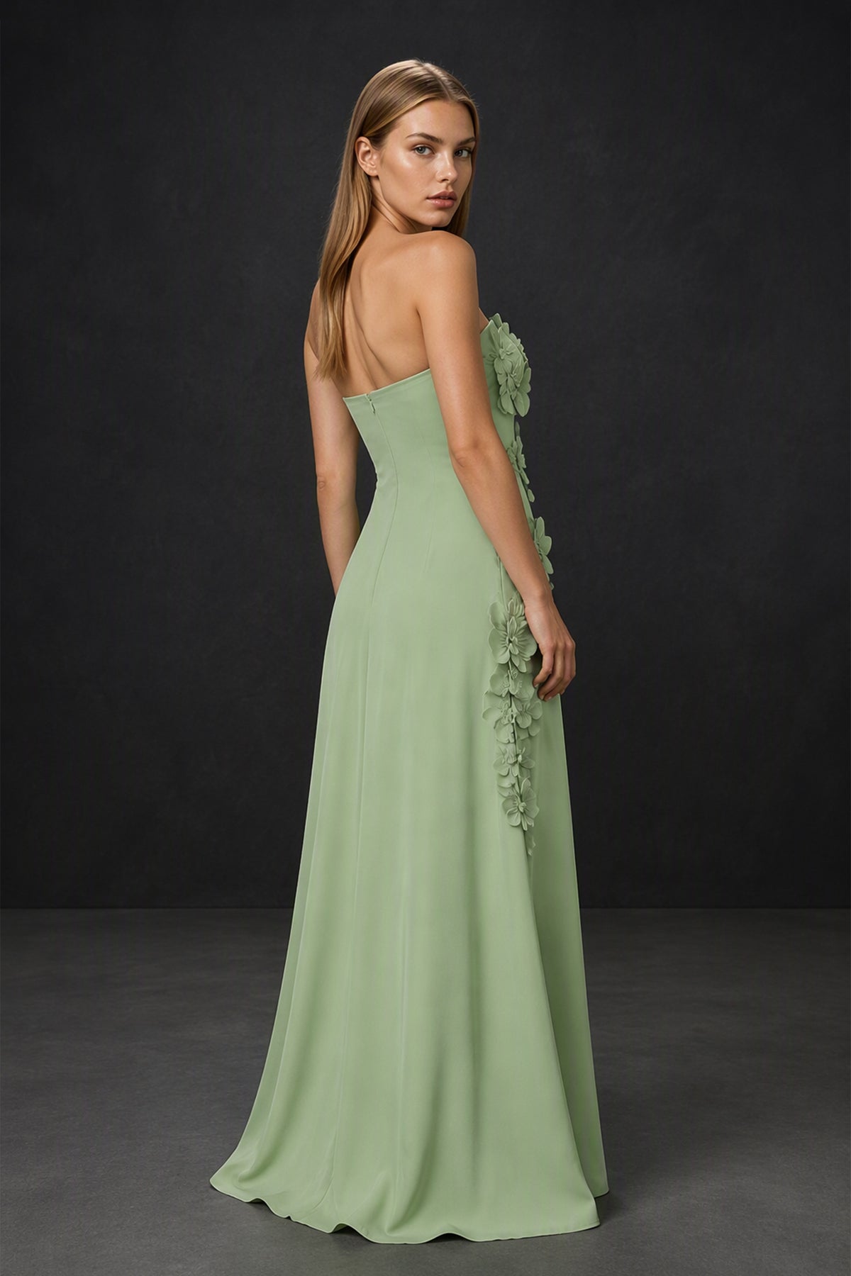 BOLODOO Sage Green Strapless 3D Floral Appliqué Crepe Mermaid Maxi Gown - Sage Green