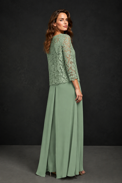 BOLODOO Sage Green Grey Lace Peplum Top & Wide-Leg Chiffon Pants Set | Mother of the Bride & Formal Evening Outfit - Sage Green