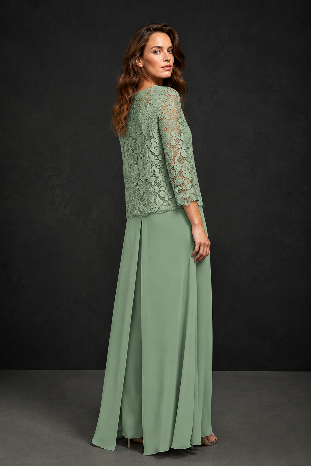 BOLODOO Sage Green Grey Lace Peplum Top & Wide-Leg Chiffon Pants Set | Mother of the Bride & Formal Evening Outfit - Sage Green