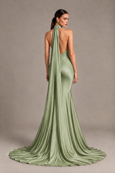BOLODOO Sage Green One-Shoulder Satin Mermaid Evening Dress with Scarf - Sage Green - Sage Green_2