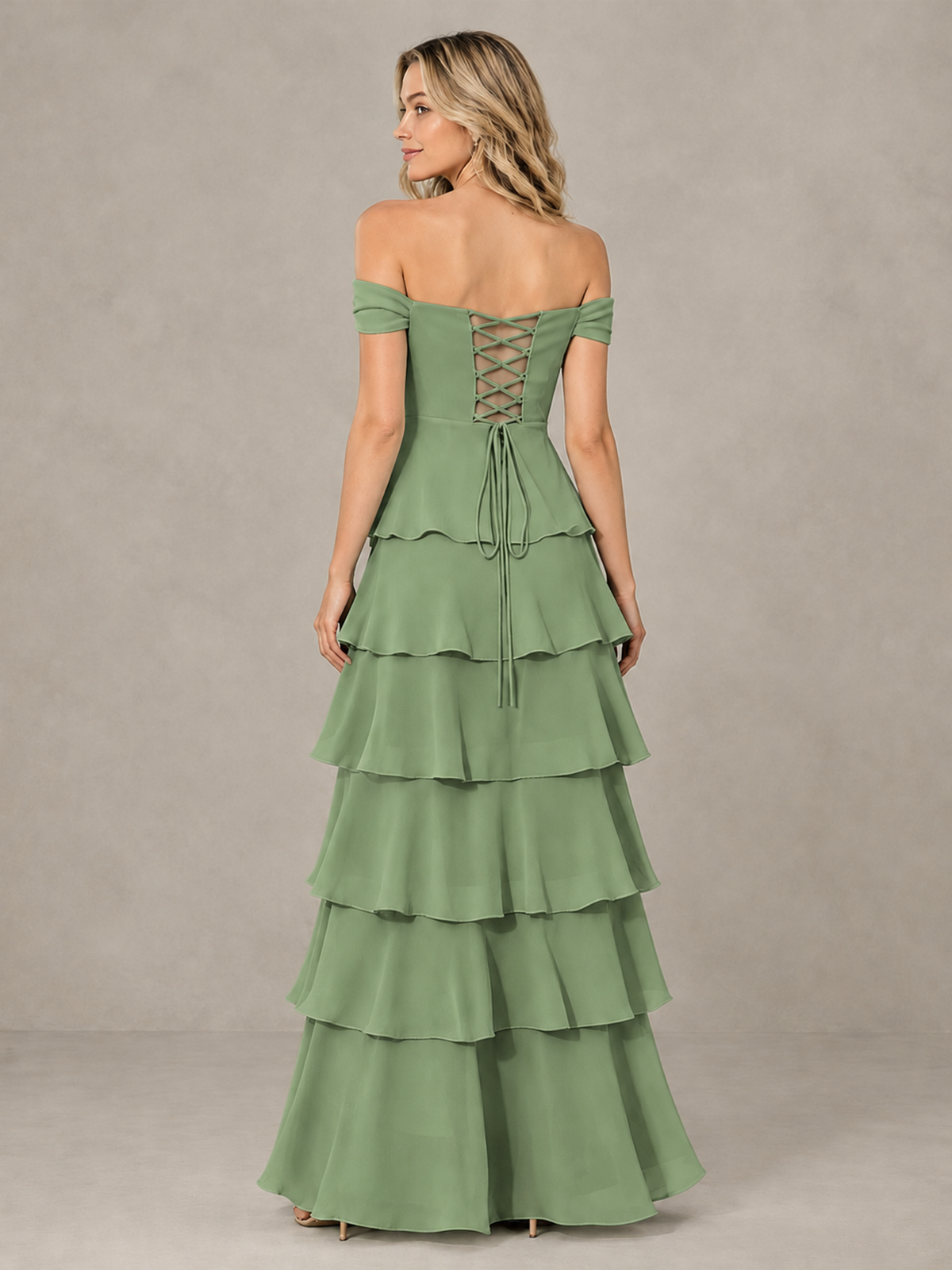 BOLODOO Sage Green Off-Shoulder Tiered Ruffle Bridesmaid Dress with Lace-Up Back - Sage Green - Sage Green_2