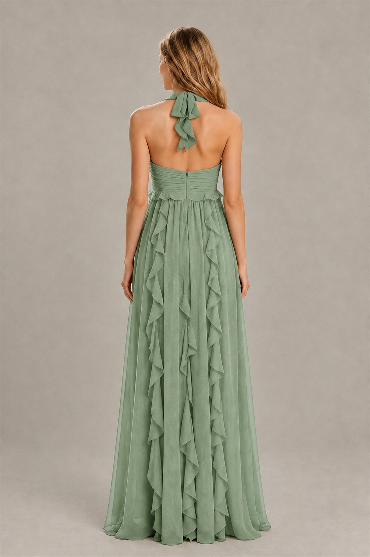 BOLODOO Sage Green Halter Ruffle A-Line Floor-Length Evening Dress - Sage Green - Sage_Green_2