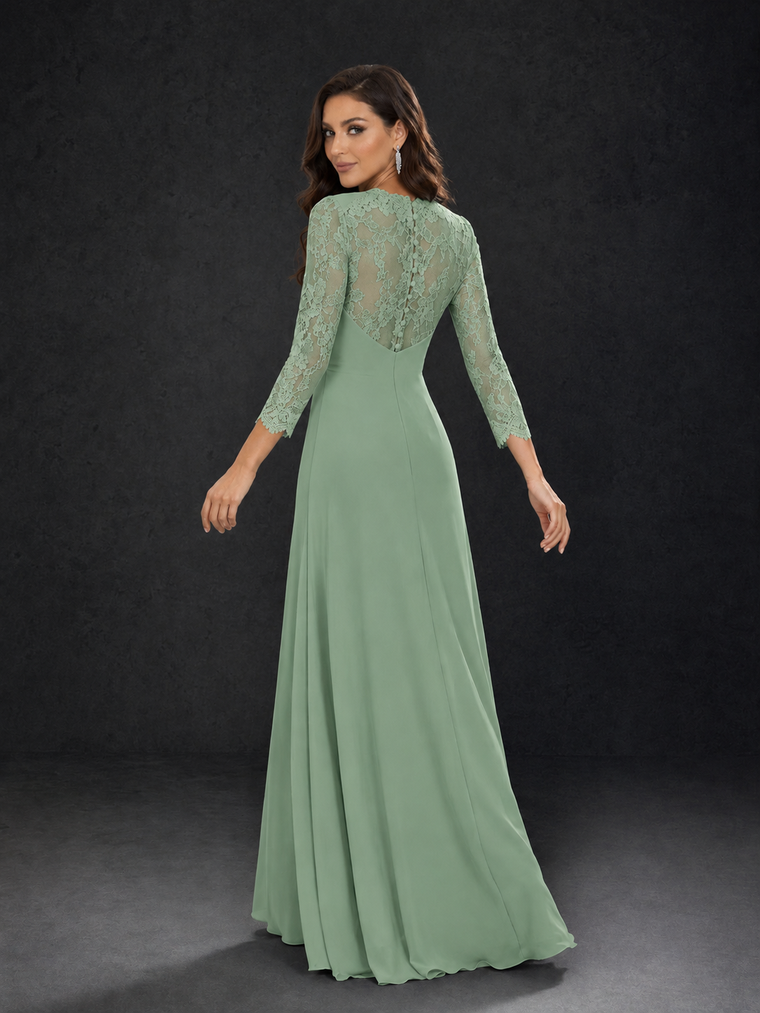 BOLODOO Sage Green Lace Sleeve V-Neck Floral Waist Chiffon A-Line Maxi Dress - Sage Green