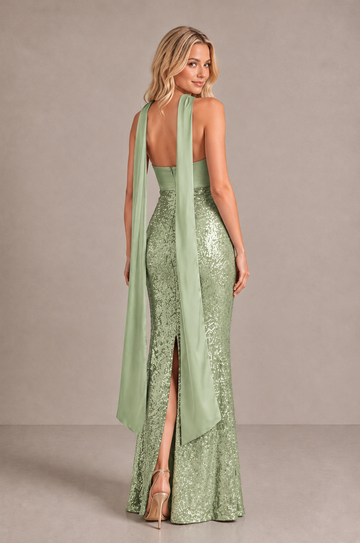 BOLODOO Sage Green Strapless Sweetheart Evening Dress with Scarf - Sage Green - Sage_Green_2