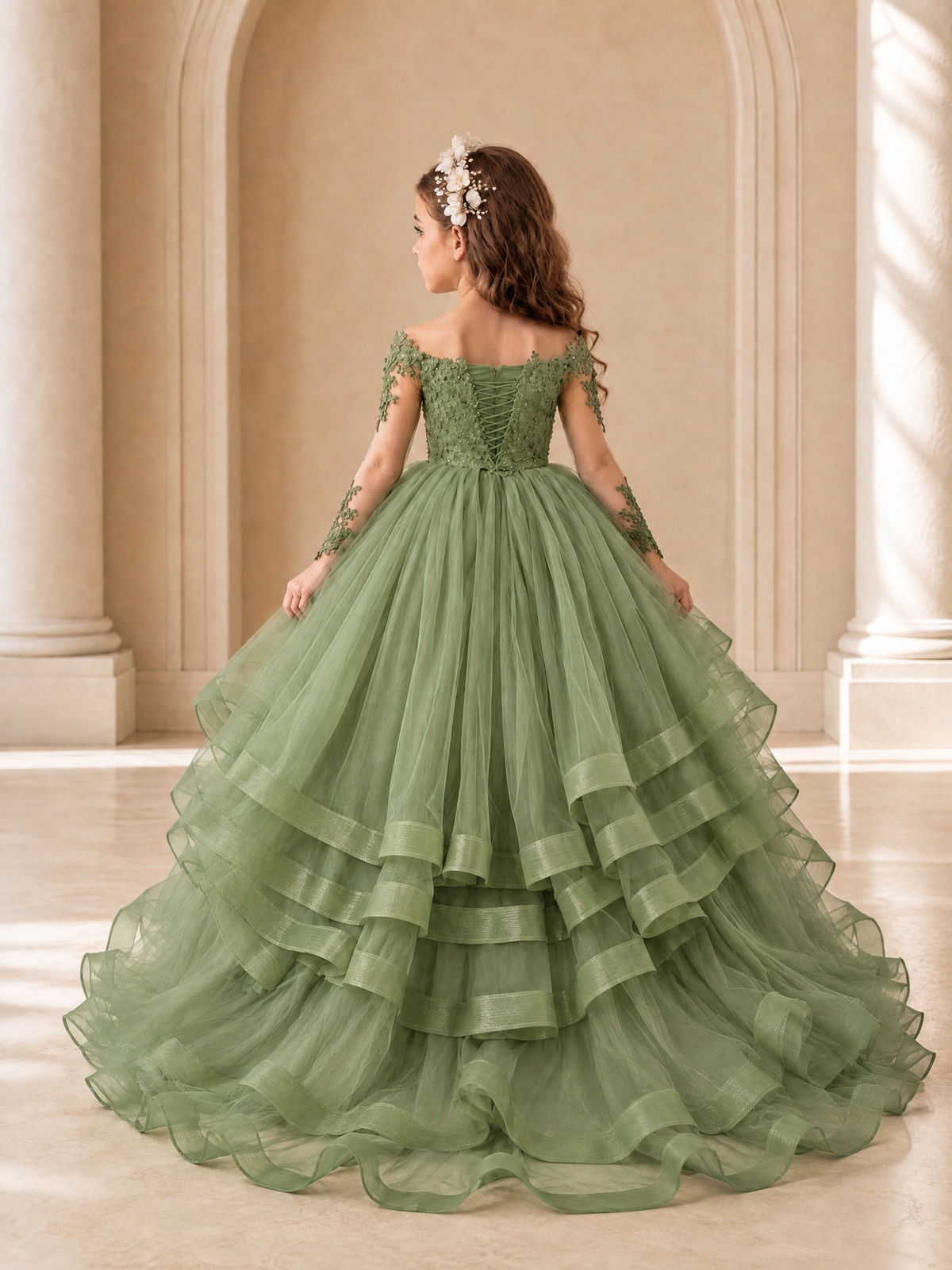BOLODOO Sage Green Lace Long Sleeve Tiered Flower Girl Dress - Sage Green - Sage_Green_2