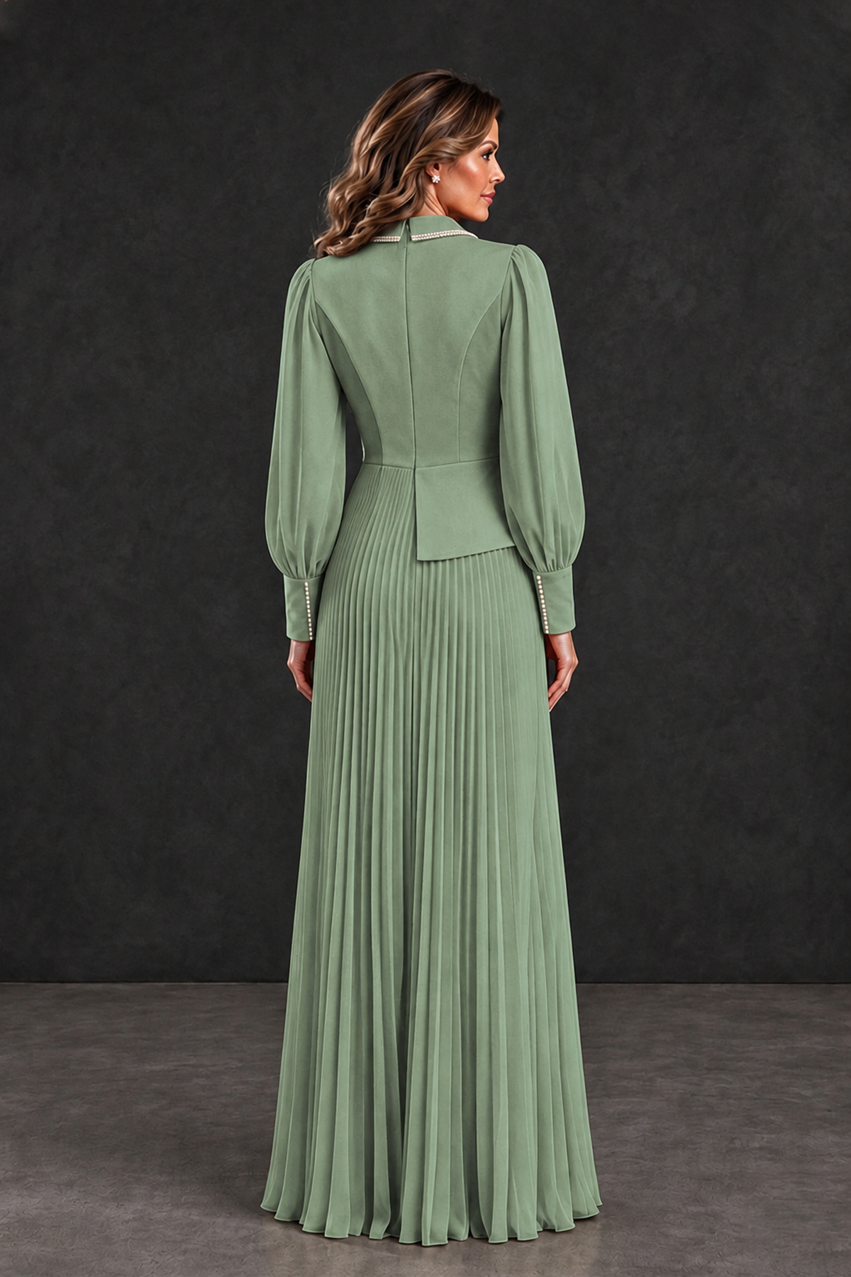 BOLODOO Sage Green Long Sleeve Pleated Mother of the Bride Dress - Sage Green - Sage Green_2