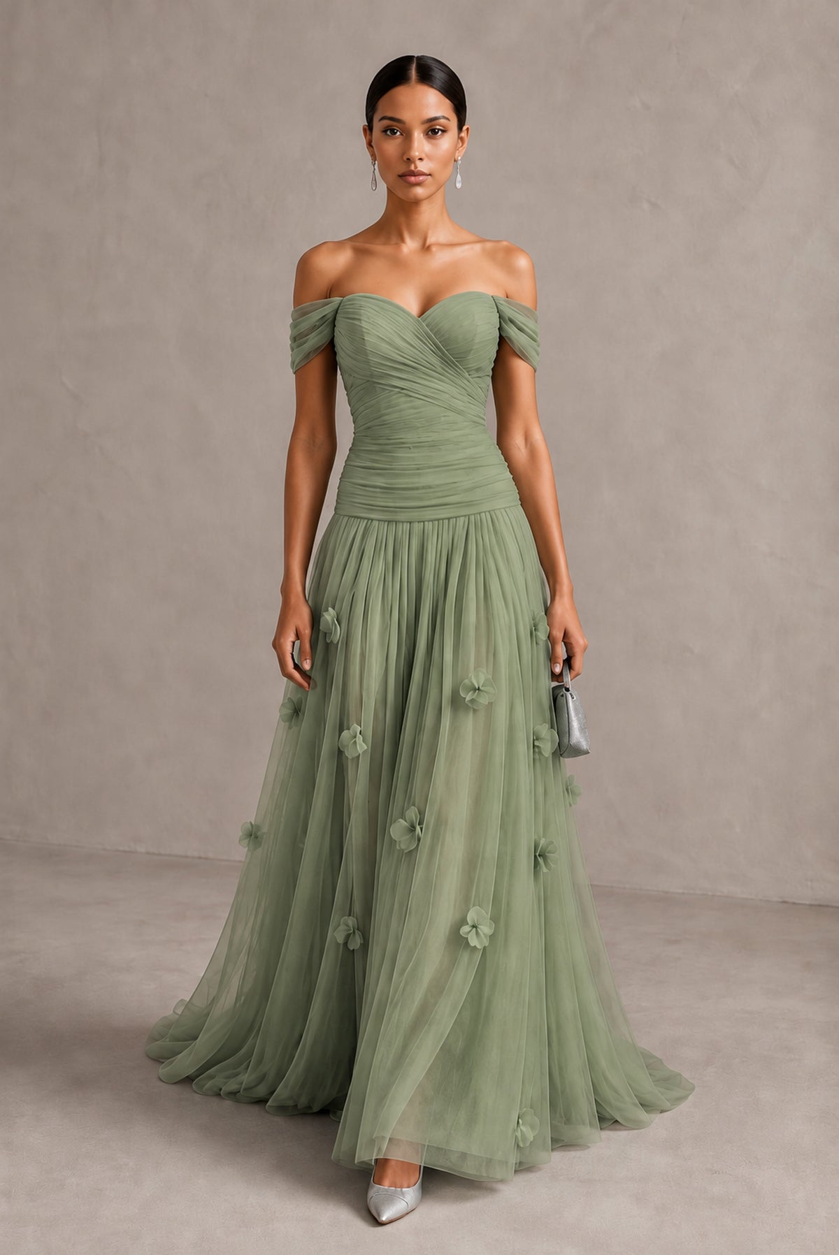 Sage Green Off-Shoulder Sweetheart A-Line Tulle Gown with 3D Floral Appliques | BOLODOO - Sage Green