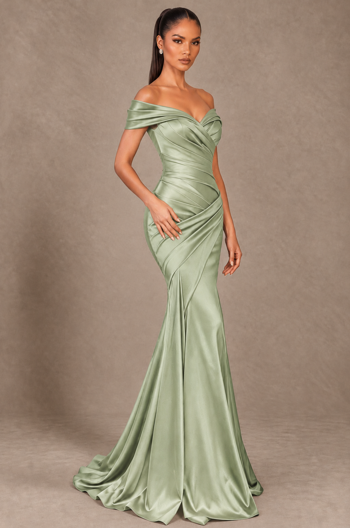 BOLODOO Sage Green Off-the-Shoulder Ruched Satin Mermaid Evening Dress - Sage Green - Sage_Green_2