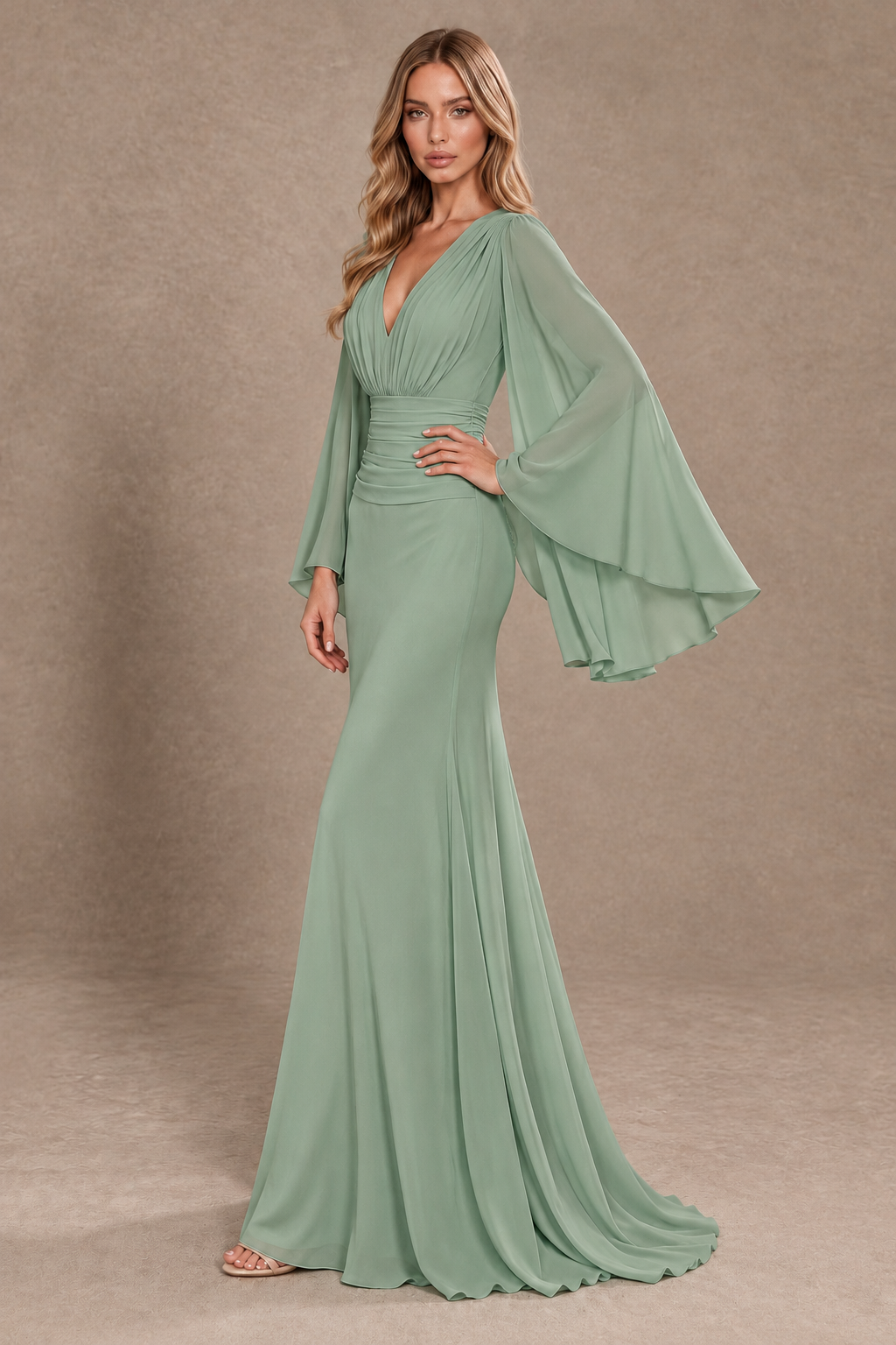 BOLODOO Sage Green Cape Sleeve V-Neck Ruched Chiffon Evening Dress - Sage Green - Sage Green_2