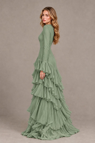 Sage Green Long Sleeve Tiered Ruffle Evening Gown - Sage Green - Sage Green_2