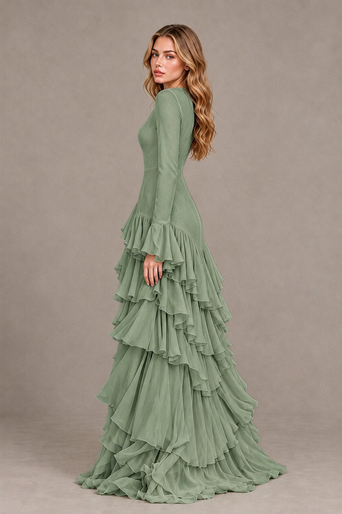Sage Green Long Sleeve Tiered Ruffle Evening Gown - Sage Green - Sage Green_2