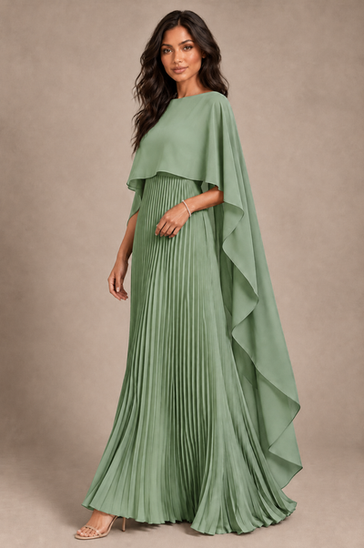 BOLODOO Sage Green Pleated Cape A-Line Evening Dress - Sage Green - Sage_Green_2