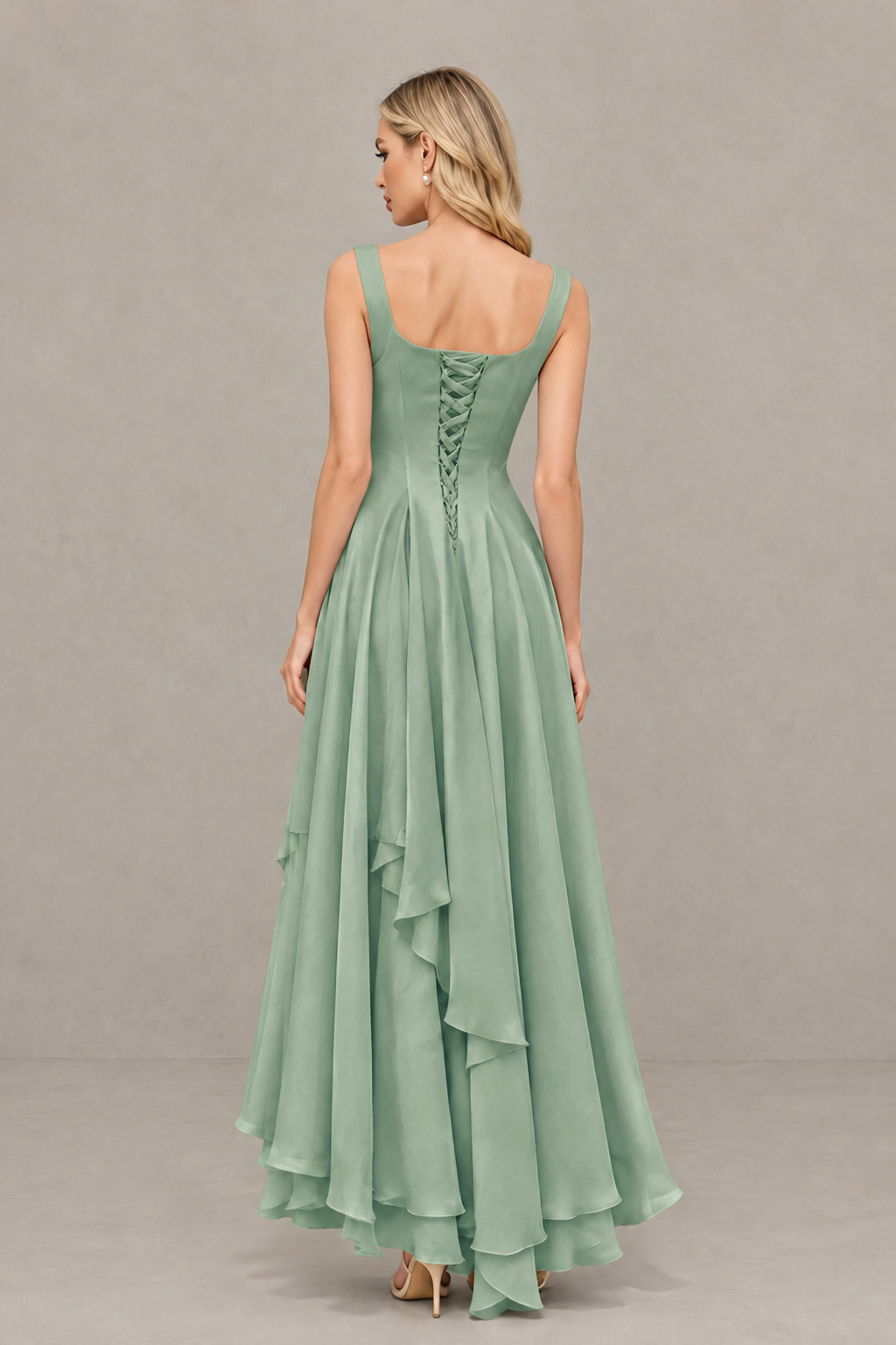 BOLODOO Sage Green Square Neck Chiffon Bridesmaid Dress with Lace-Up Back - Sage Green