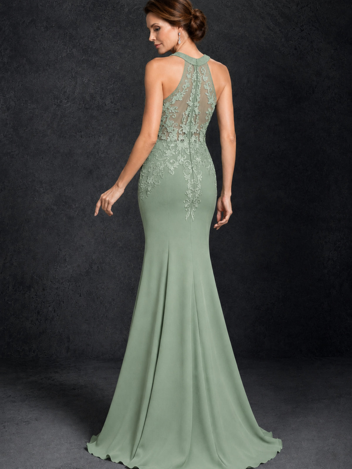 BOLODOO Sage Green Lace Applique Halter Neck Sheer Back Mermaid Maxi Dress with Sweep Train - Sage Green