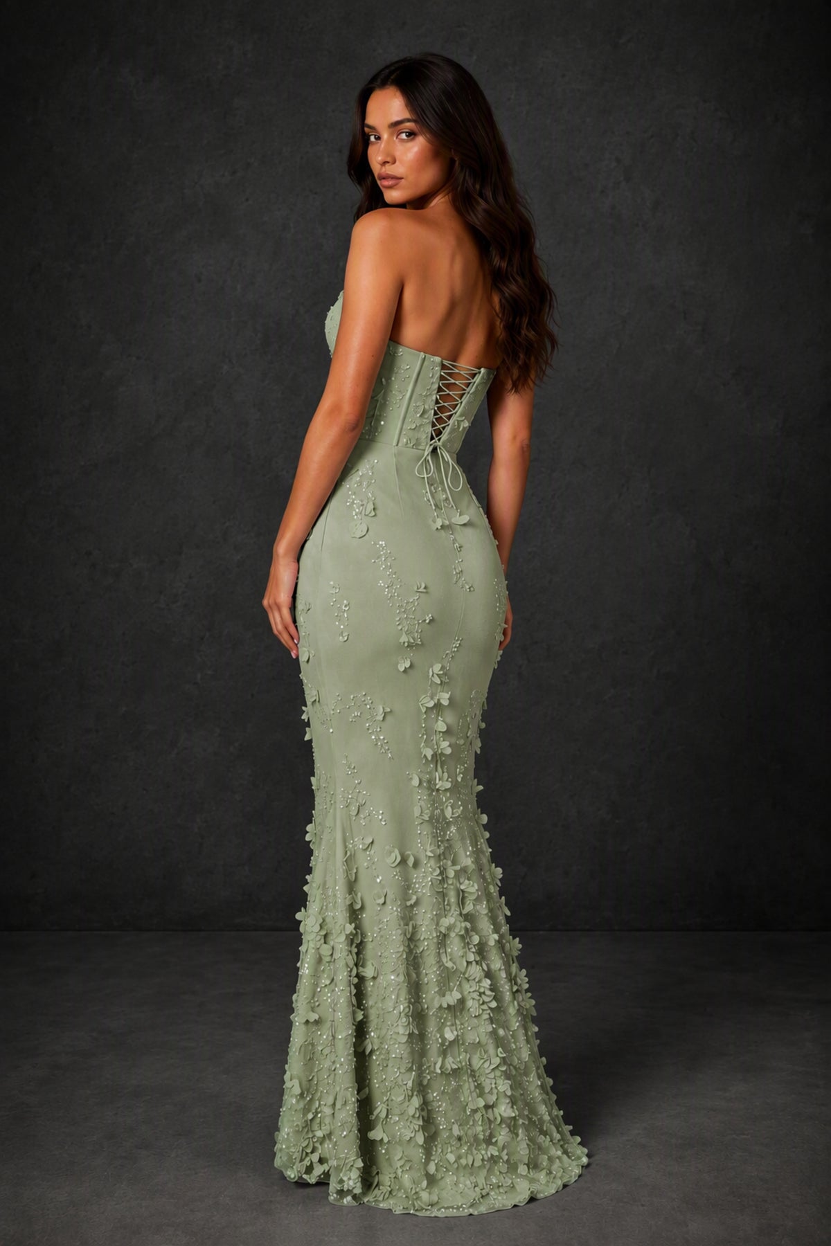 BOLODOO Sage Green 3D Floral Sequin Corset Strapless Mermaid Gown - Sage Green