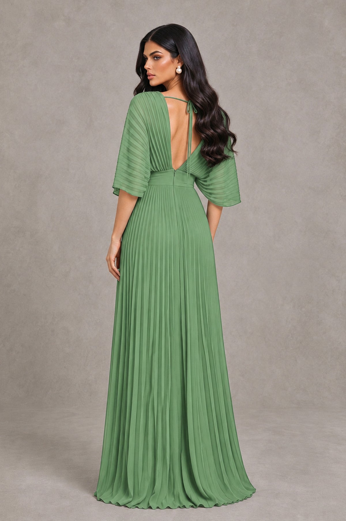 BOLODOO Sage Green V-Neck Pleated Flutter Sleeve Formal Dress - Sage Green - Sage Green_2