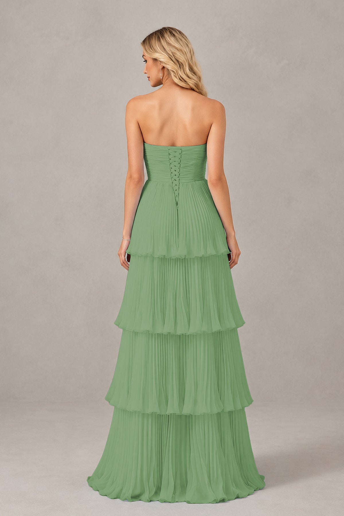 BOLODOO Sage Green Strapless Tiered Chiffon Maxi Dress - Sage Green