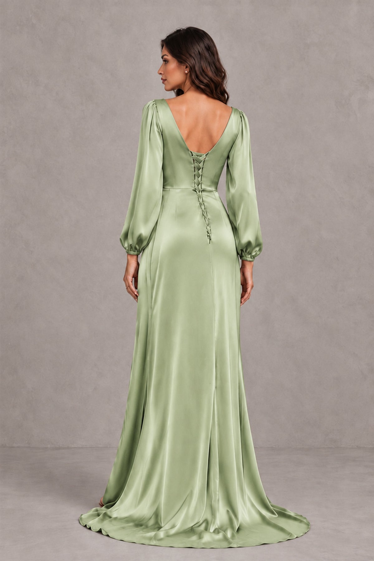 BOLODOO Sage Green Satin-Look Long Sleeve Evening Dress with High Slit - Sage Green - Sage Green_2