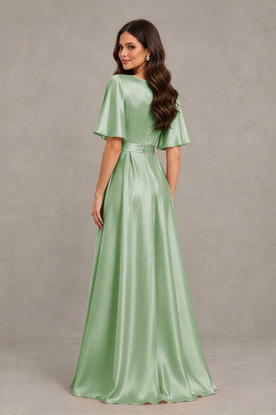 BOLODOO Sage Green Satin V-Neck Flutter Sleeve Bridesmaid Dress with Slit - Sage Green - Sage Green(2)