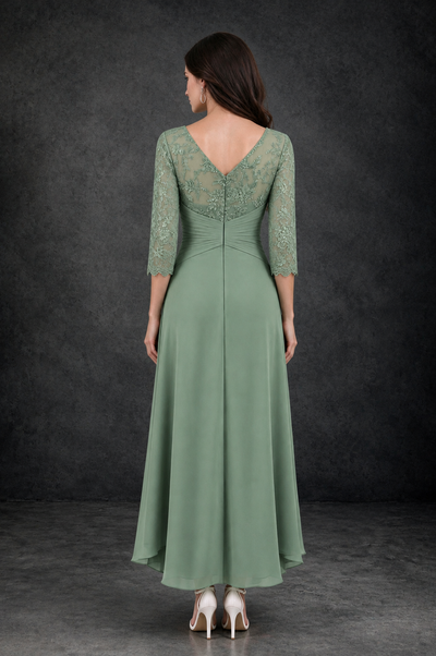 BOLODOO Sage Green Sequin Lace & Chiffon Tea-Length Mother of the Bride Dress with 3/4 Sleeves - Sage Green - Sage_Green_2