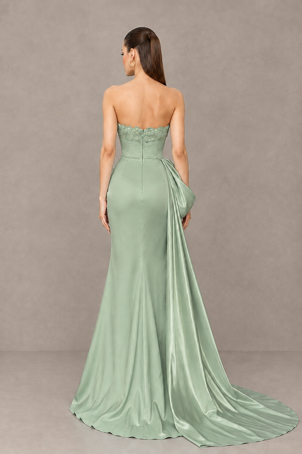 BOLODOO Sage Green Strapless Satin Prom Dress with Draped Side Train - Sage Green - Sage_Green_2