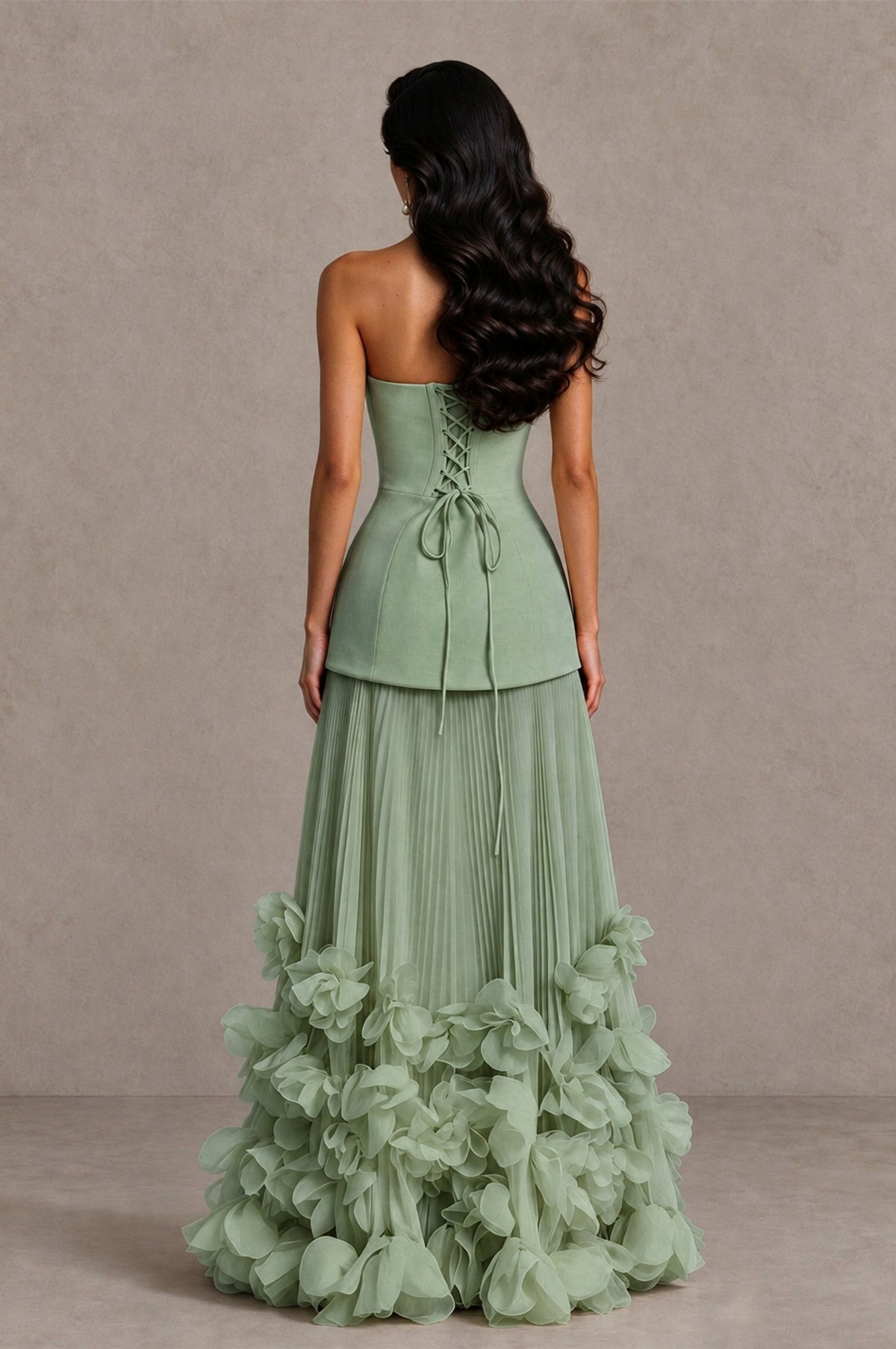 BOLODOO Sage Green Strapless Pleated Floral Hem Evening Gown - Sage Green - Sage Green_2