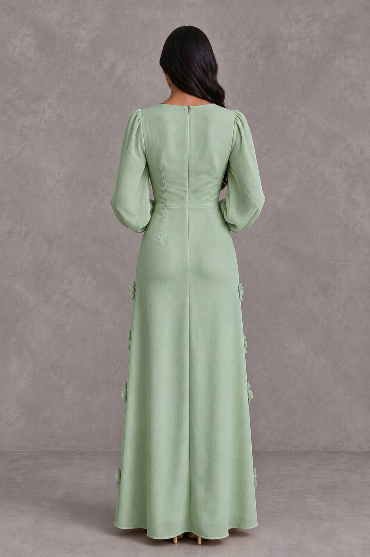 BOLODOO Sage Green Long Sleeve Floral Applique A-Line Evening Dress - Sage Green - Sage Green_2