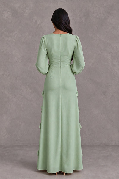BOLODOO Sage Green Long Sleeve Floral Applique A-Line Evening Dress - Sage Green - Sage Green_2