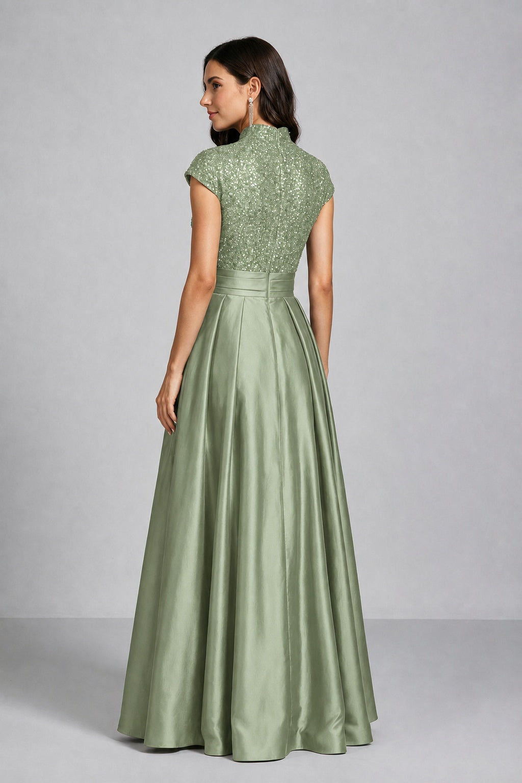 BOLODOO Sage Green Sequin Embroidered High Neck Cap Sleeve A-Line Ball Gown – Formal Evening Dress - Sage Green