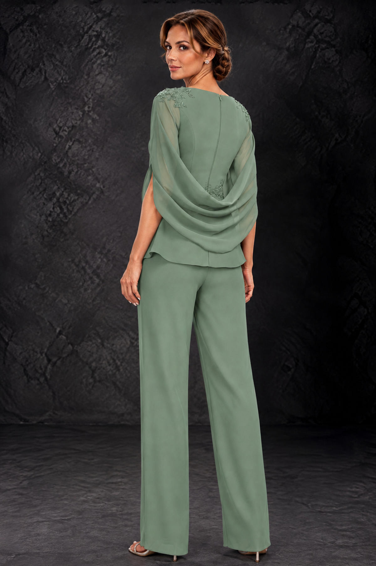 BOLODOO Sage Green Embellished Cape Sleeve Mother of the Bride Pantsuit - Sage Green - Sage_Green_2