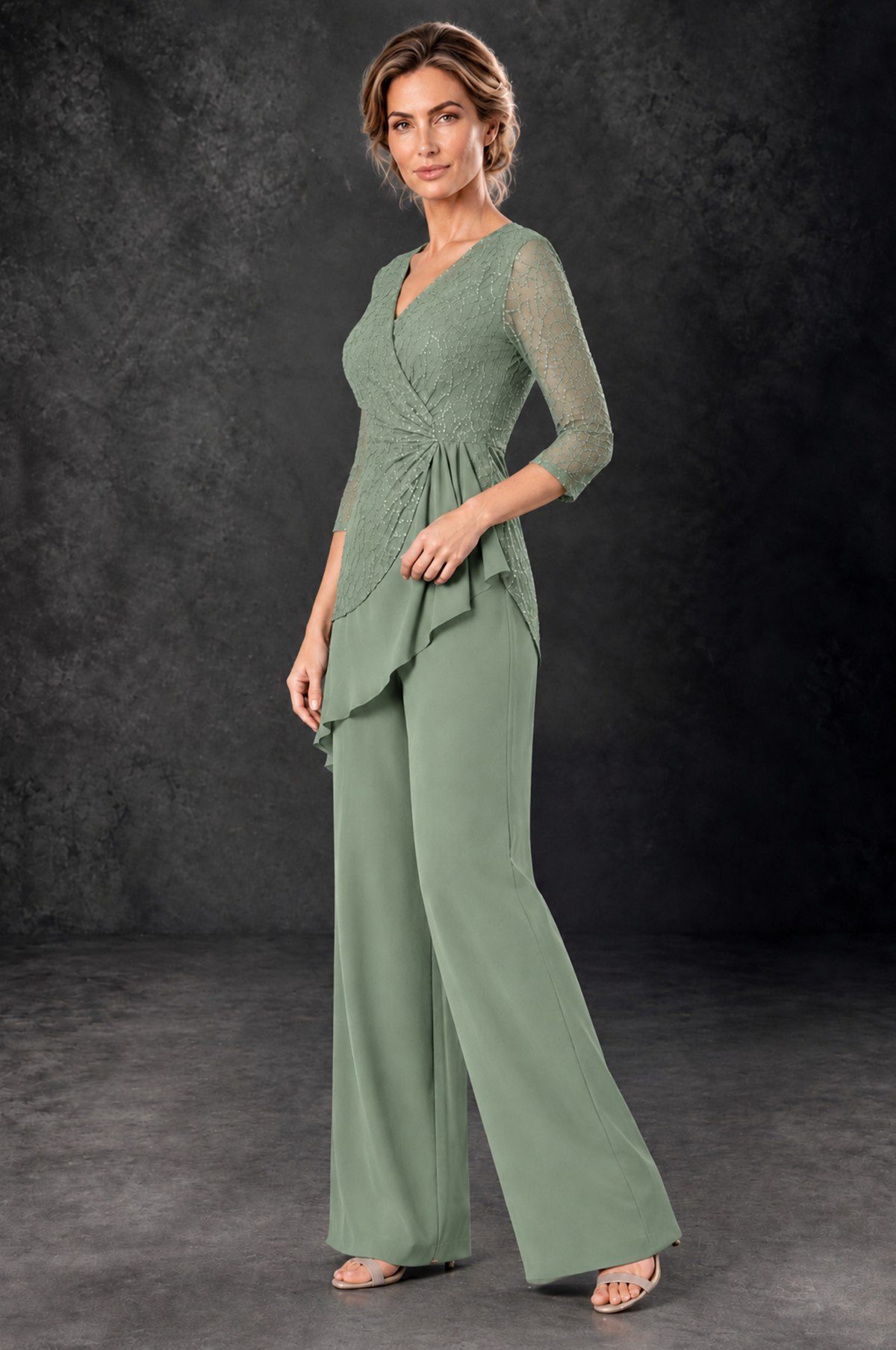 BOLODOO Sage Green Sequin Lace 3/4 Sleeve Chiffon Mother of the Bride Pant Suit - Sage Green - Sage_Green_2