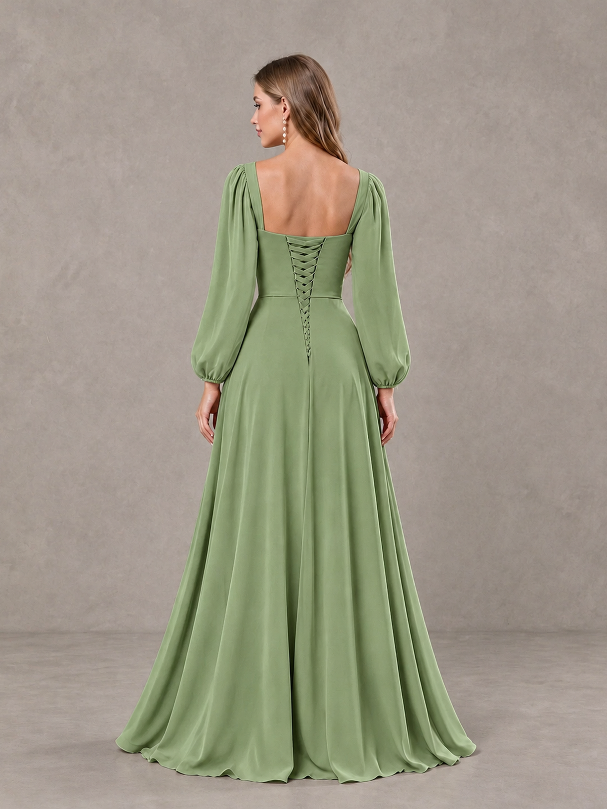 BOLODOO Sage Green Square Neck Long Sleeve Bridesmaid Dress with Ruffle Slit - Sage Green - Sage Green_2