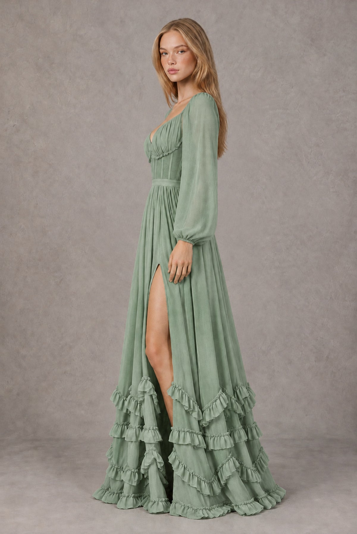 Sage Green Long-Sleeve Ruffle Maxi Dress with Lace-Up Back and Slit - Sage Green
