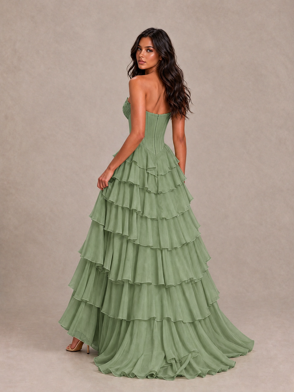 BOLODOO Sage Green Strapless Corset Tiered Ruffle Prom Dress with High Slit - Sage Green - Sage Green_2