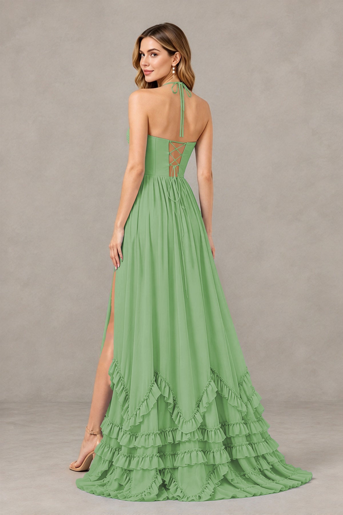 BOLODOO Sage Green Halter Ruffle Hem A-Line Bridesmaid Dress with High Slit - Sage Green - Sage Green(2)