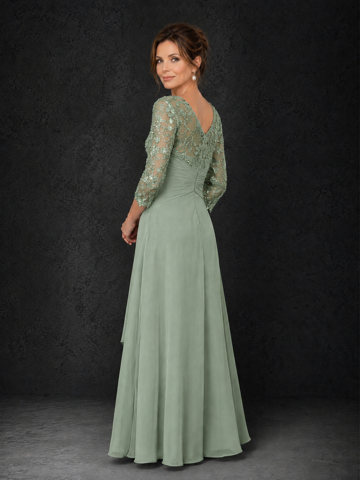 BOLODOO Sage Green Sequin Lace & Chiffon Tea-Length Mother of the Bride Dress with 3/4 Sleeves - Sage Green