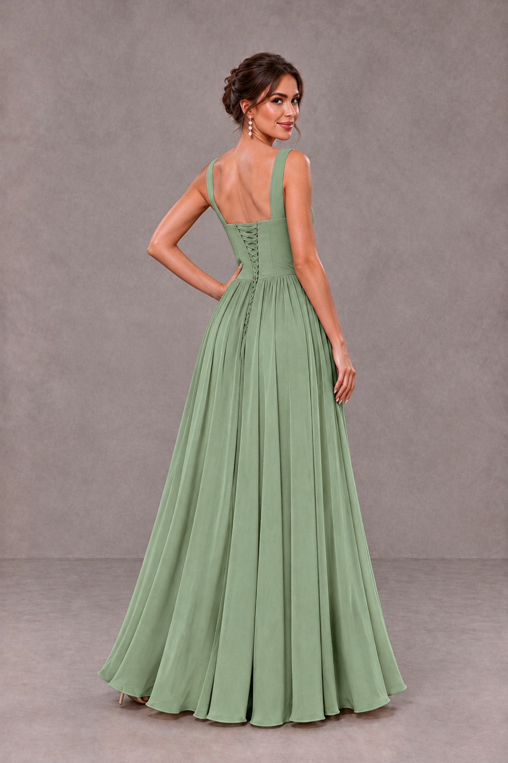 BOLODOO Sage Green Square Neck A-Line Bridesmaid Dress with Slit - Sage Green - Sage Green_2
