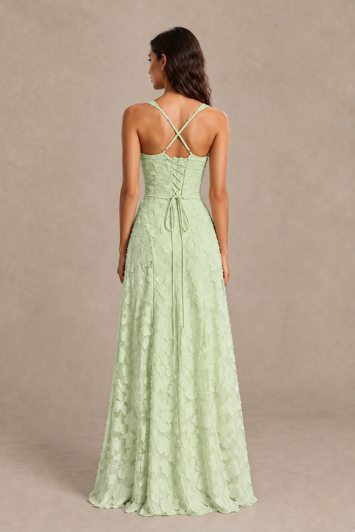 BOLODOO Sage Green Floral-Textured A-Line Dress with Lace-Up Back - Sage Green - Sage Green_2