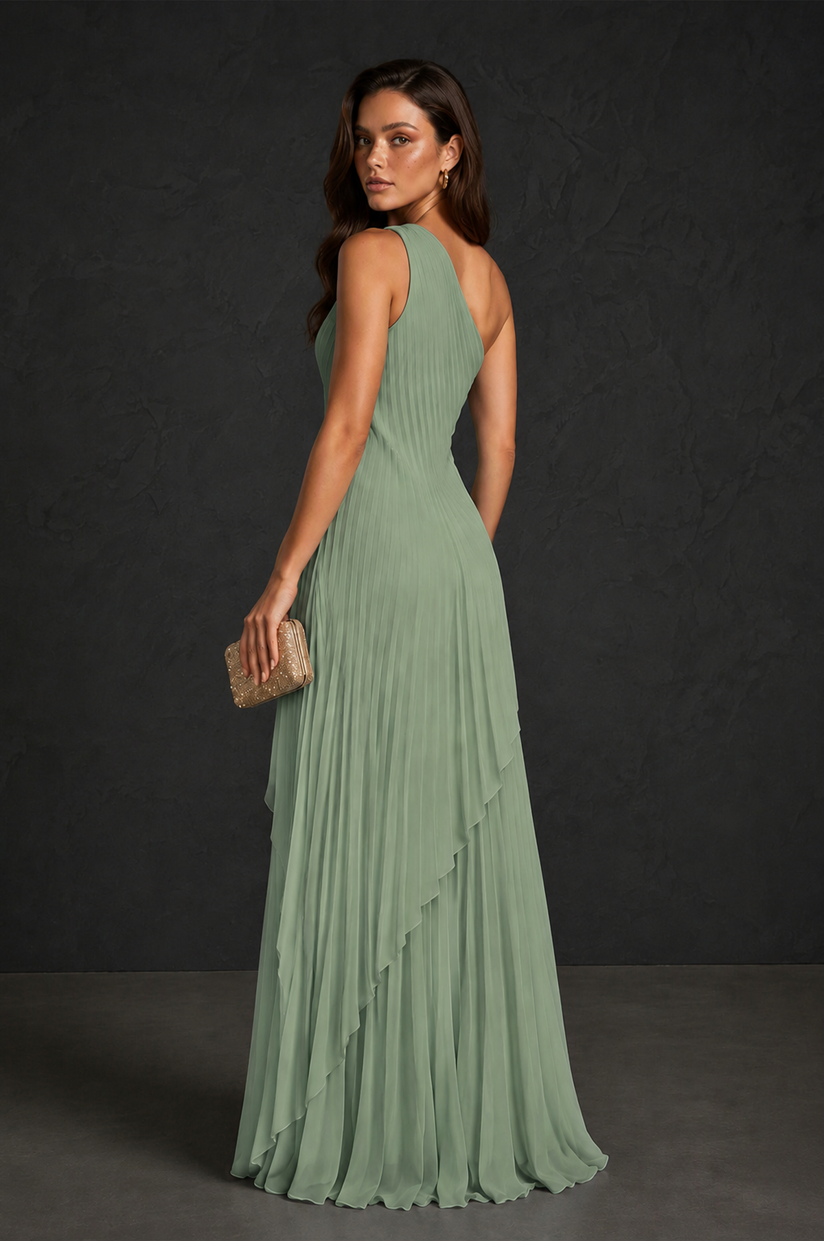 BOLODOO Sage Green One-Shoulder Sunburst Pleated Asymmetric Layered Overlay Accordion Pleated Chiffon Maxi Dress - Sage Green