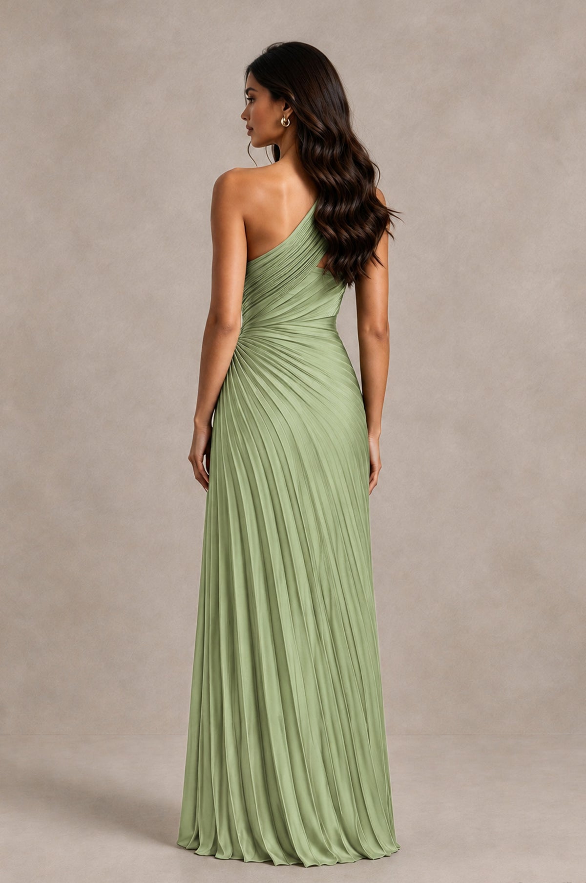 BOLODOO Sage Green One Shoulder Pleated Evening Dress with Ruched Waist and High Slit - Sage Green - Sage Green_2