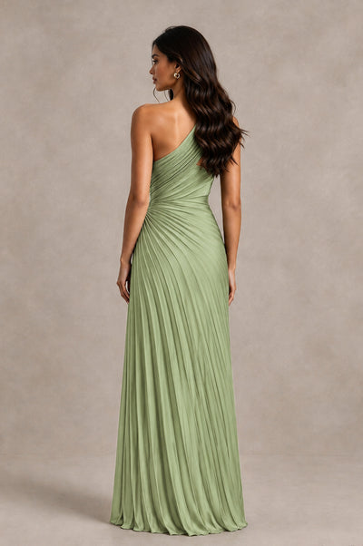BOLODOO Sage Green One Shoulder Pleated Evening Dress with Ruched Waist and High Slit - Sage Green - Sage Green_2