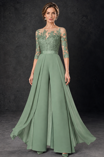BOLODOO Sage Green Lace Wide-Leg Jumpsuit with Three-Quarter Sleeves - Sage Green - Sage_Green_2