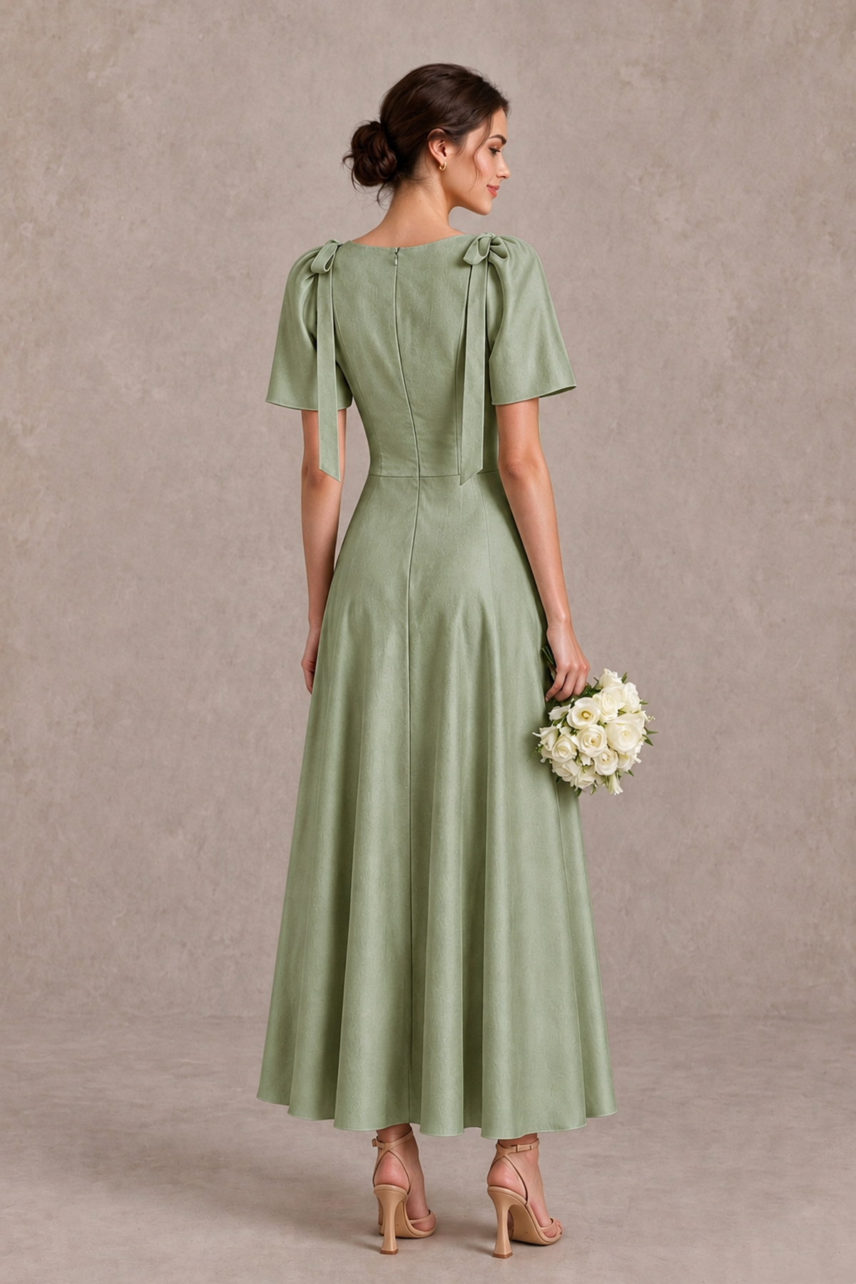 BOLODOO Sage Green V-Neck Short Sleeve Satin-Look Bridesmaid Dress with Shoulder Bows - Sage Green - Sage Green_2