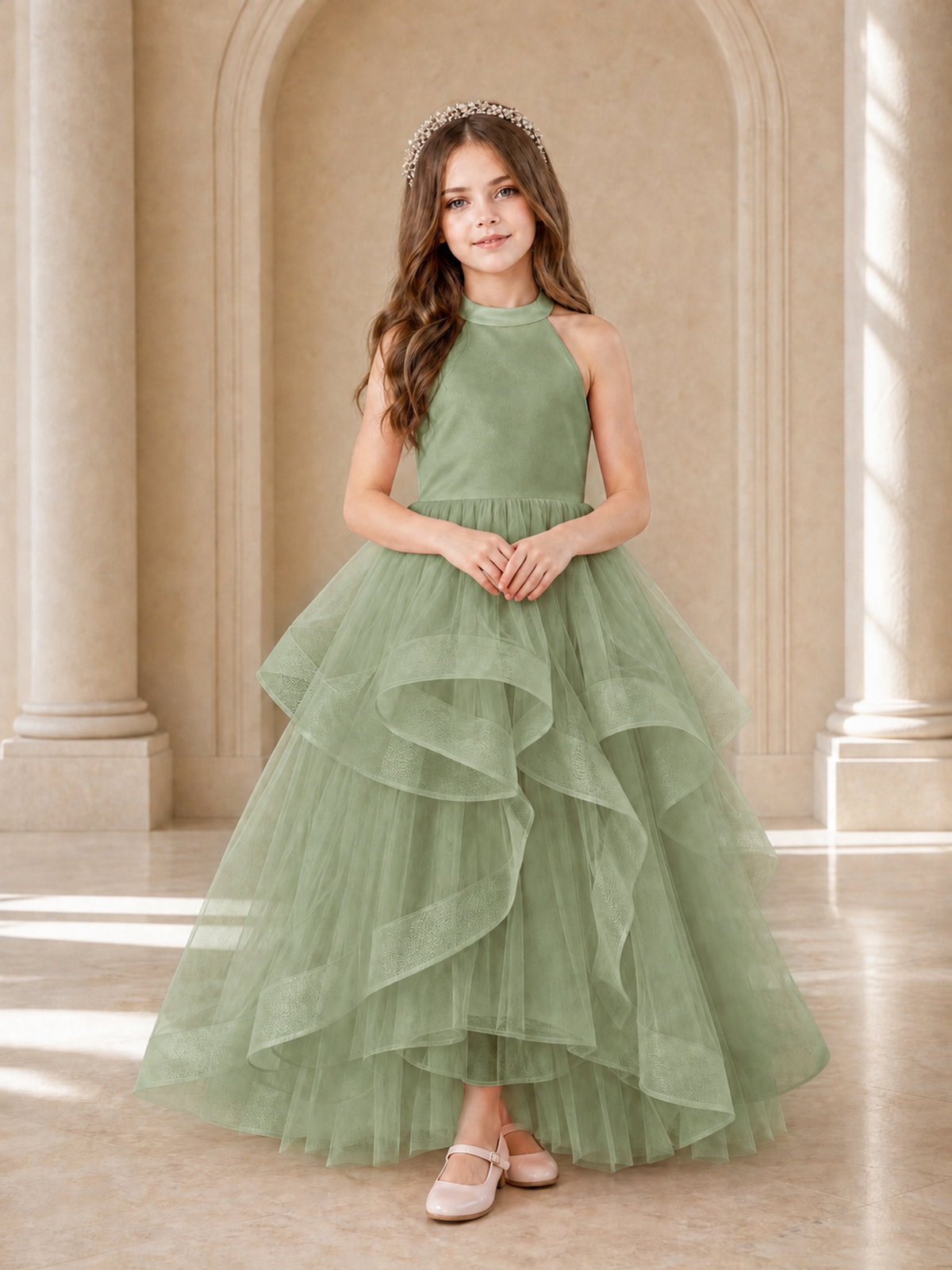 BOLODOO Sage Green Halter Tiered Tulle Flower Girl Dress with Bow Back - Sage Green - Sage Green_2