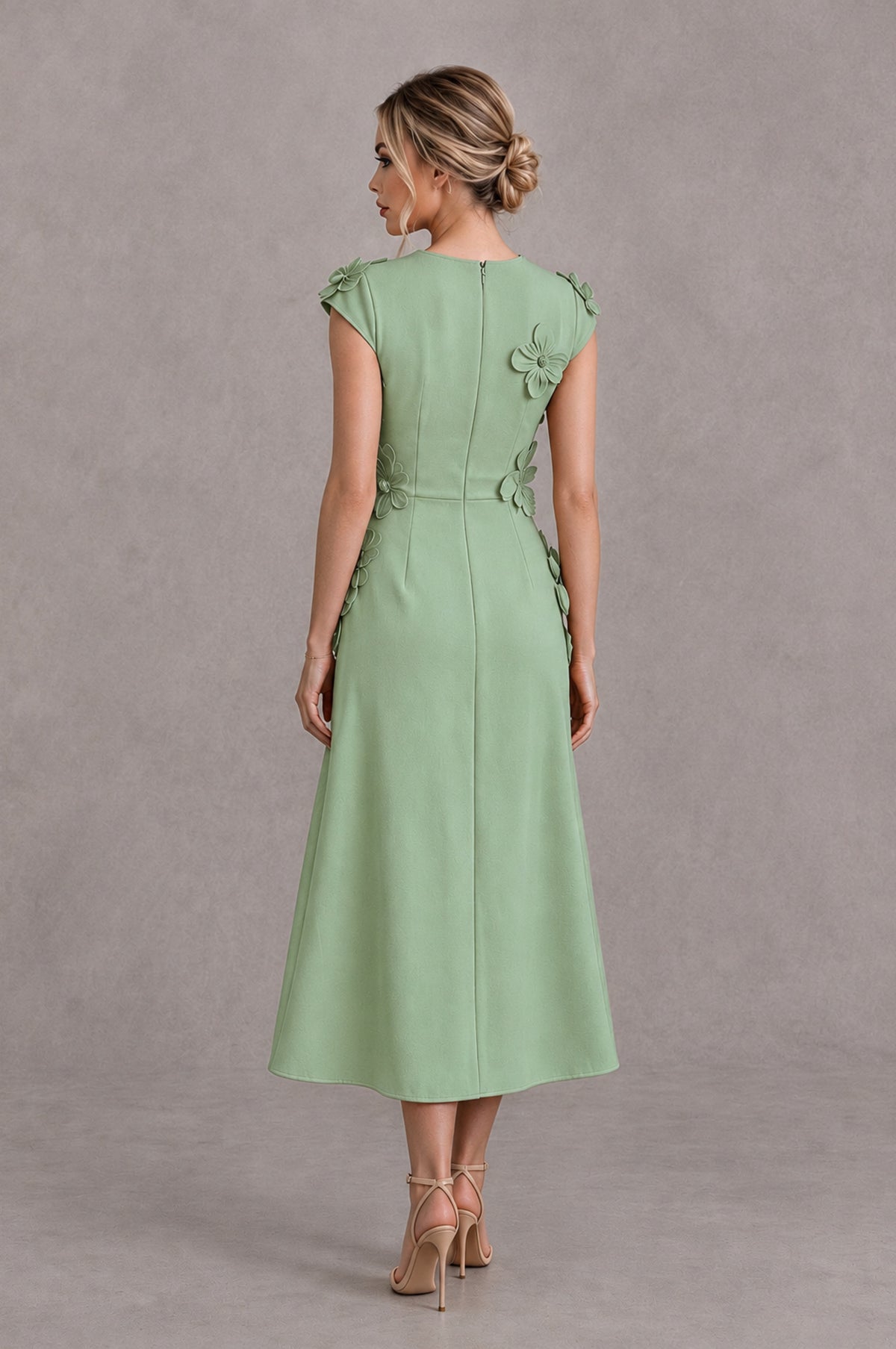BOLODOO Sage Green 3D Floral Cap Sleeve Midi Cocktail Dress - Sage Green - Sage Green_2