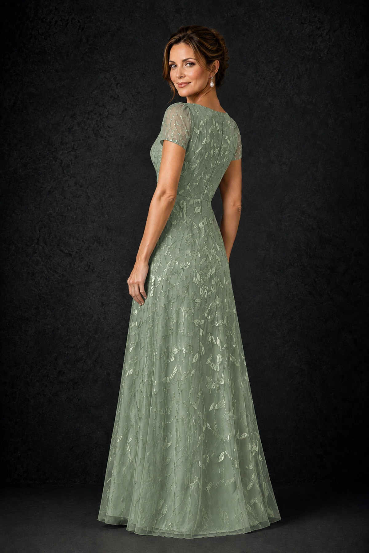BOLODOO Sage Green Leaf Embroidered A-Line Formal Gown with Cap Sleeves - Sage Green - Sage_Green_2